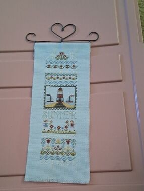 Handmade Cross Stitch Lighthouse Wall Hanging in Pastel Tones